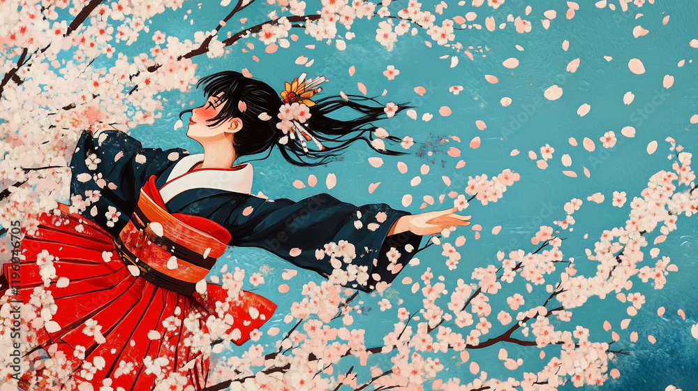 Obraz premium 春の桜が咲く景色で着物を着た女性が桜に待っているイラスト