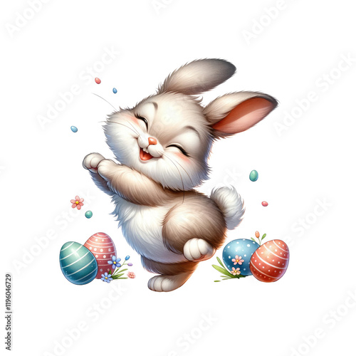 A joyful cartoon bunny dances playfully among colorful Easter eggs, embodying a cheerful spring spirit.