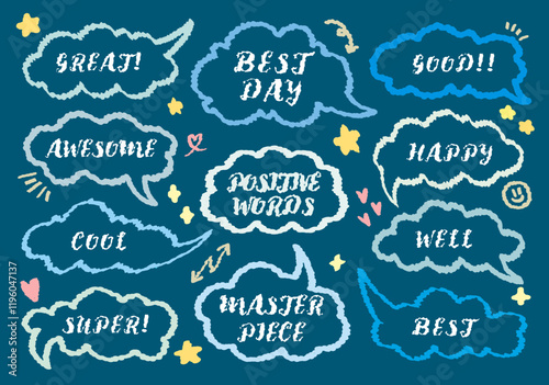 omic style cute quote colorful speech bubble with positive words. Set of hand drawn memo frame. Cartoon doodle crayon drawing cloud, box, message. Flat vector. Best, Awesome, WOW, Master, Piece, Go