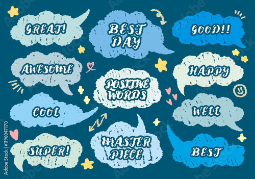Comic style cute quote colorful speech bubble with positive words. Set of hand drawn memo frame. Cartoon doodle crayon drawing cloud, box, message. Flat vector. Best, Awesome, WOW, Master, Piece, Go