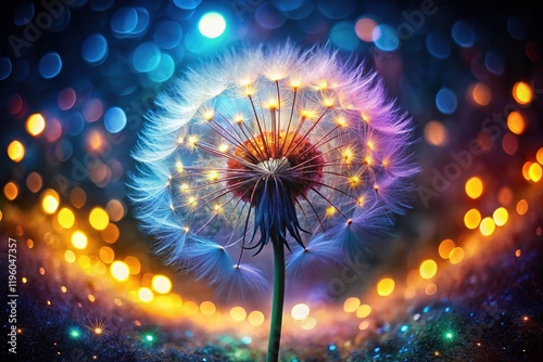 Night Panno Dandelion Bloom: Magical Illuminated Meadow Scene photo