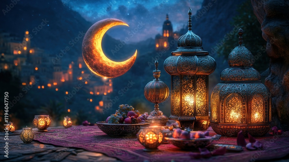 Fototapeta premium Majestic Lanterns and Crescent Moon Over Scenic Night Landscape