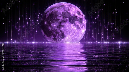 Enchanting Purple Moon with Stars Over Calm Reflection Water Surface