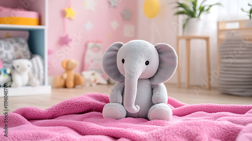 A cute stuffed elephant on vibrant pink blanket in a childa??s room photo