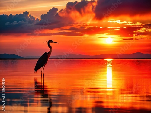 Stunning Red Sunset Lake Kariba Heron Silhouette - African Wildlife Photography photo