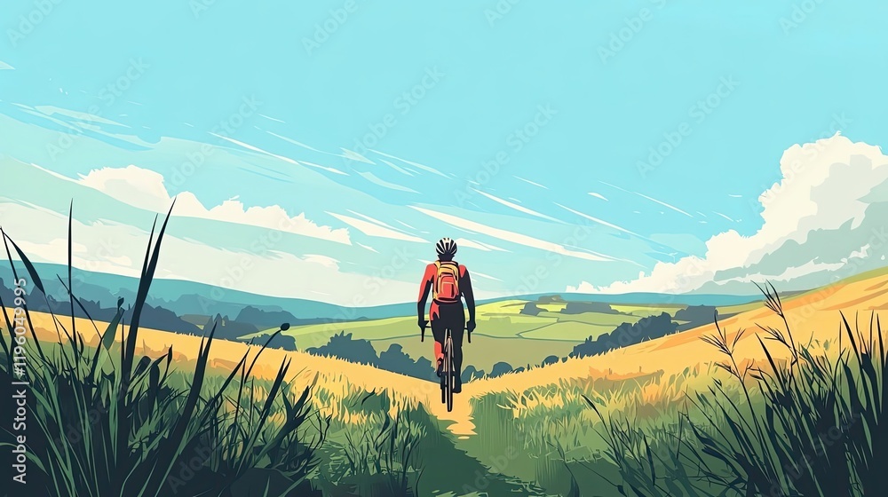 Fototapeta premium Cyclist Rides Through Rolling Countryside Hills