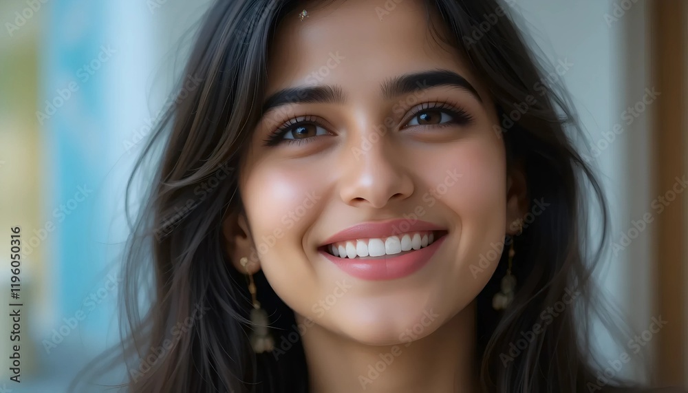 Potrait Of Young Indian Woman with Radiant Smile and Bright Eyes, Capturing Carefree Joy and Gentle Beauty With a Neutral Background Potrait Of Young Indian Woman with Radiant Smile and Bright Eyes, Capturing Carefree Joy and Gentle Beauty With a Neutral Background