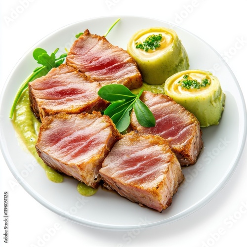 Tender seared tuna steaks served with a spicy wasab photo