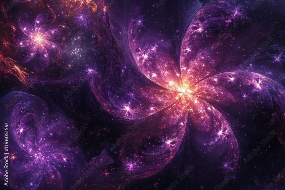 Purple and orange fractal flower in space. Ideal for fantasy, cosmic, or spiritual themes. Purple and orange fractal flower in space. Ideal for fantasy, cosmic, or spiritual themes.