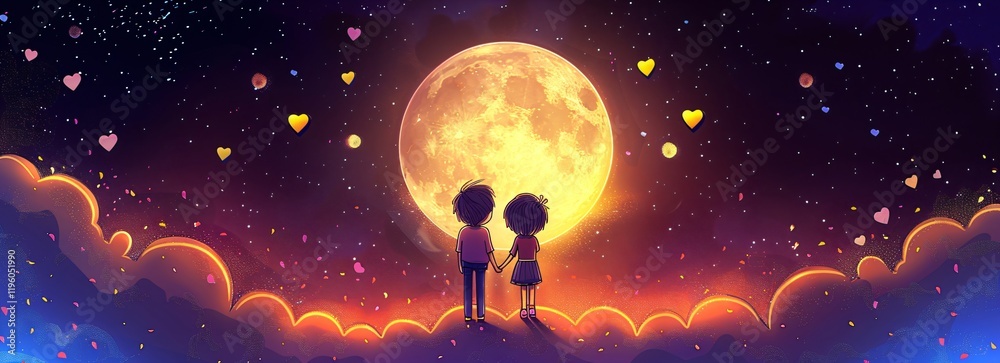 Naklejka premium Romantic couple standing under starry sky with moon, hearts and lanterns. Valentine's Day, anniversary, wedding. Romantic and love concept. Magical night scene. Illustration for card, banner, poster