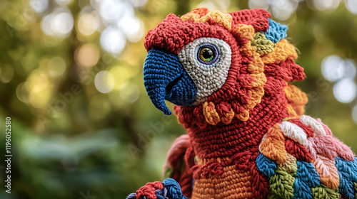 A knitted stuffed parrot with intricate crochet details