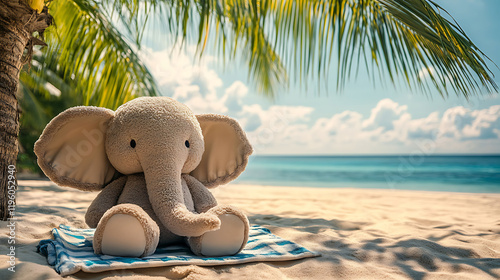 A large stuffed elephant with a beach towel under the shade of a coconut tree photo