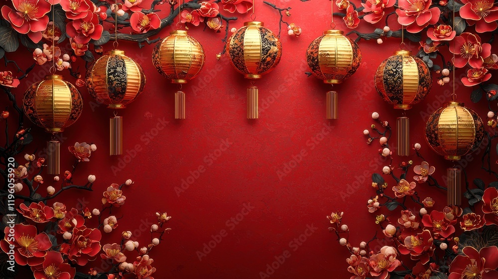 Obraz premium Vibrant Red Background with Golden Lanterns and Cherry Blossom Flowers for Celebrating Lunar New Year or Traditional Asian Festivals