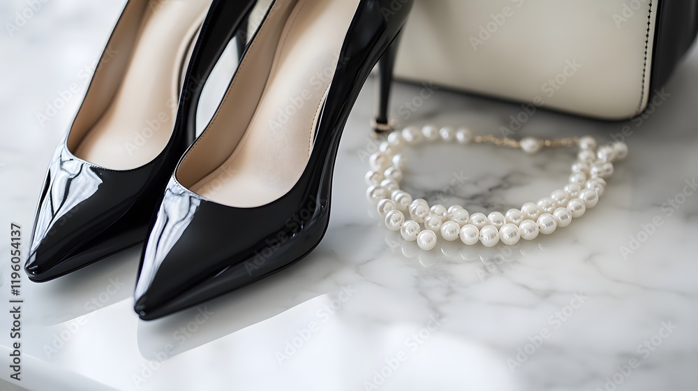 Obraz premium Black patent leather heels pearls and handbag on marble