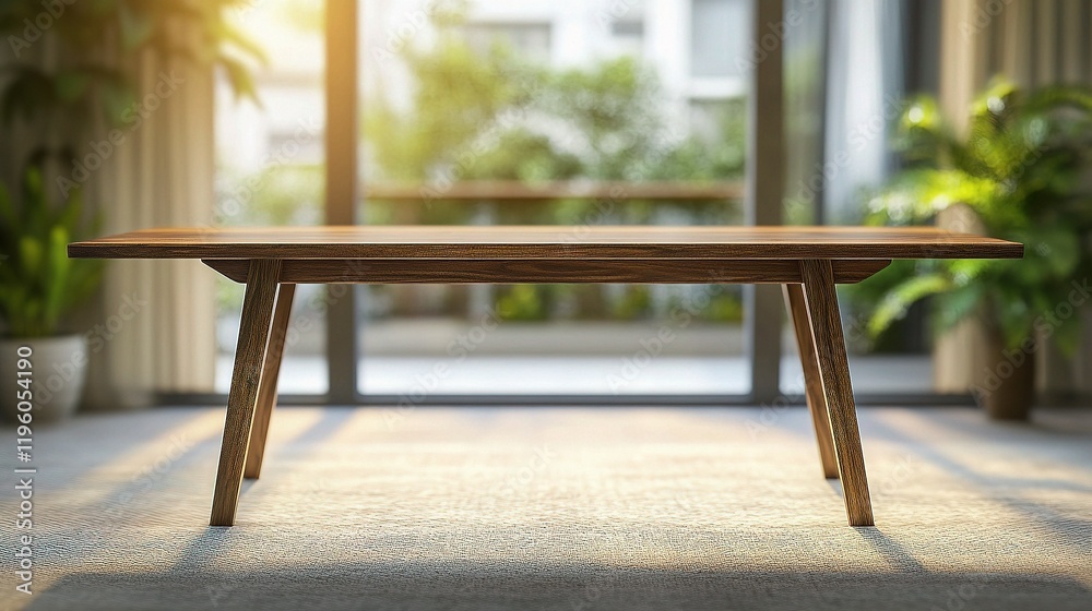 Elegant Wooden Table Set Against Blurred Greenery Backdrop Elegant Wooden Table Set Against Blurred Greenery Backdrop