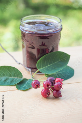 庭で採ったジューンベリーのジャムと実と葉の写真