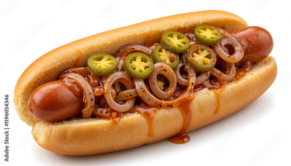 Delicious Hot Dog with Onions, Jalapenos, and Sauce Delicious Hot Dog with Onions, Jalapenos, and Sauce