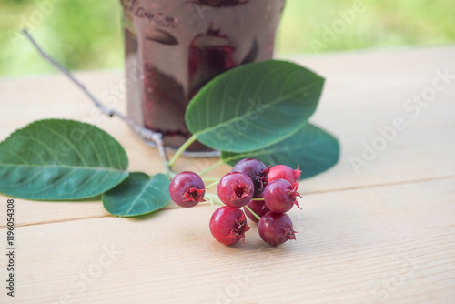 庭で採ったジューンベリーのジャムと実と葉の写真