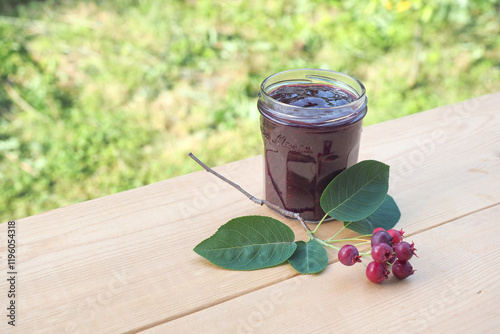庭で採ったジューンベリーのジャムと実と葉の写真