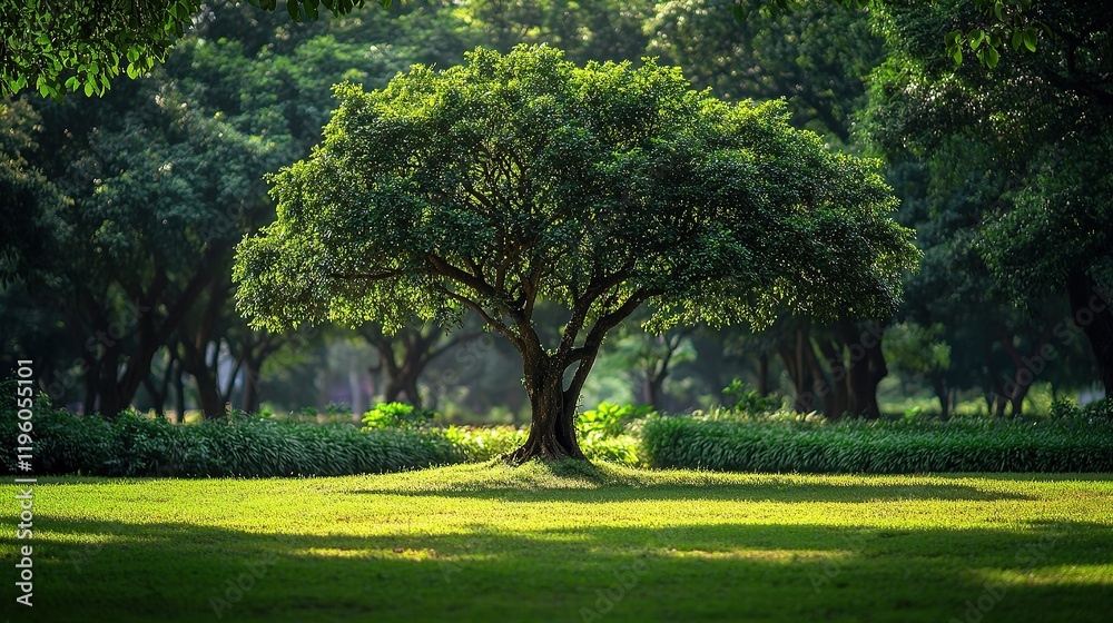 Serene Tree in a Blurred Park Landscape Surrounded by Nature
