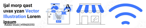 Mobile shopping interface with customers, storefront with awning, and wireless signal. Ideal for e-commerce, retail, digital marketing, connectivity, technology services, online transactions