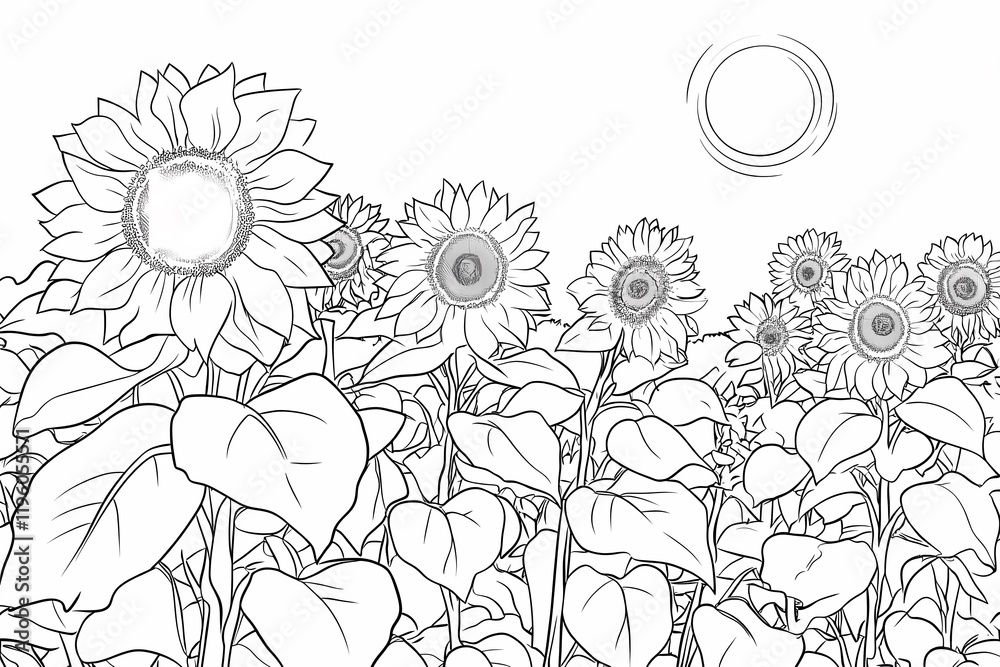 Fototapeta premium Beautiful Sunflower Field Line Art