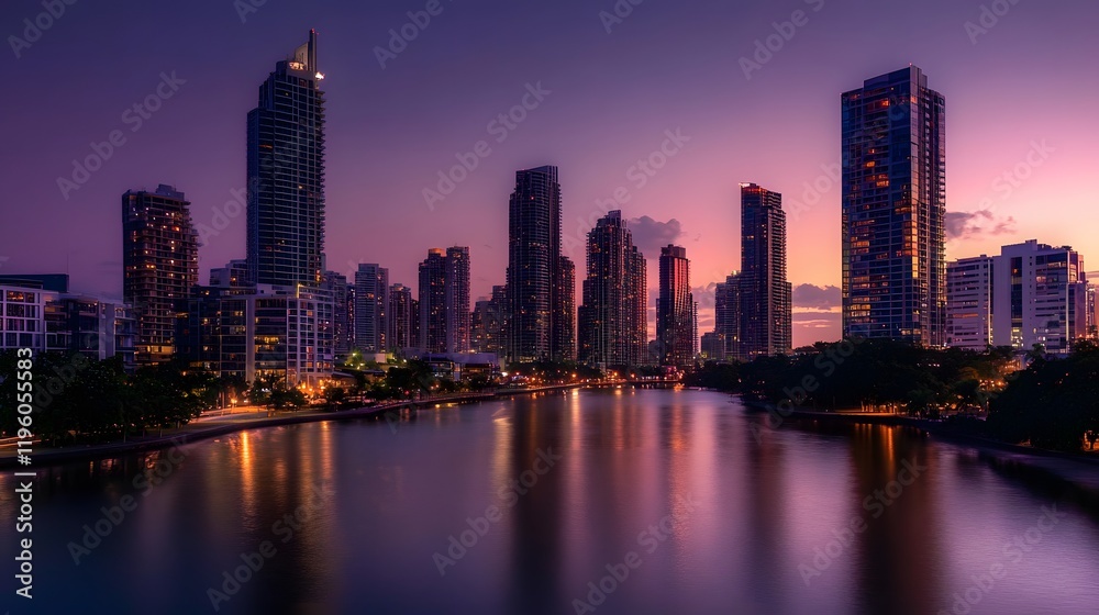 Fototapeta premium City Skyline at Twilight Over Calm Water