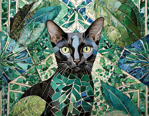 a jungle in Klimt style. use also geometrical blue and green patterns. there is a black oriental shorthair cat - generated by ai
