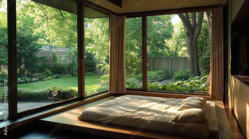 Obraz premium Tranquil Modern Bedroom with Large Windows Overlooking a Lush Green Garden in Bright Natural Light, Created for Relaxation and Serenity