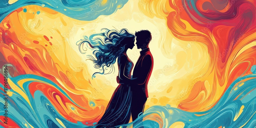 custom made wallpaper toronto digitalSilhouette Couple Embracing Amidst Vibrant Abstract Swirls