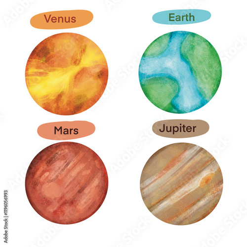 Wallpaper Mural Watercolor Planet on transparent background, planets, venus, earth, mars, jupiter, planets in space on transparent background, watercolor planets drawing for children watercolor poster illustration Torontodigital.ca