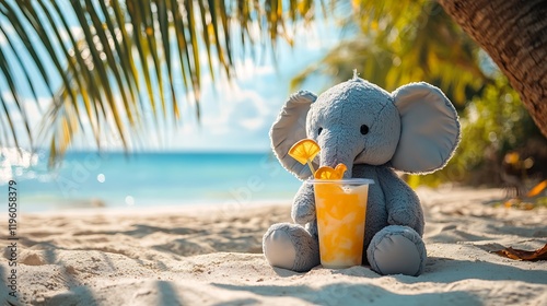 A plush stuffed elephant with tropical drink sitting in the shade of a palm tree
