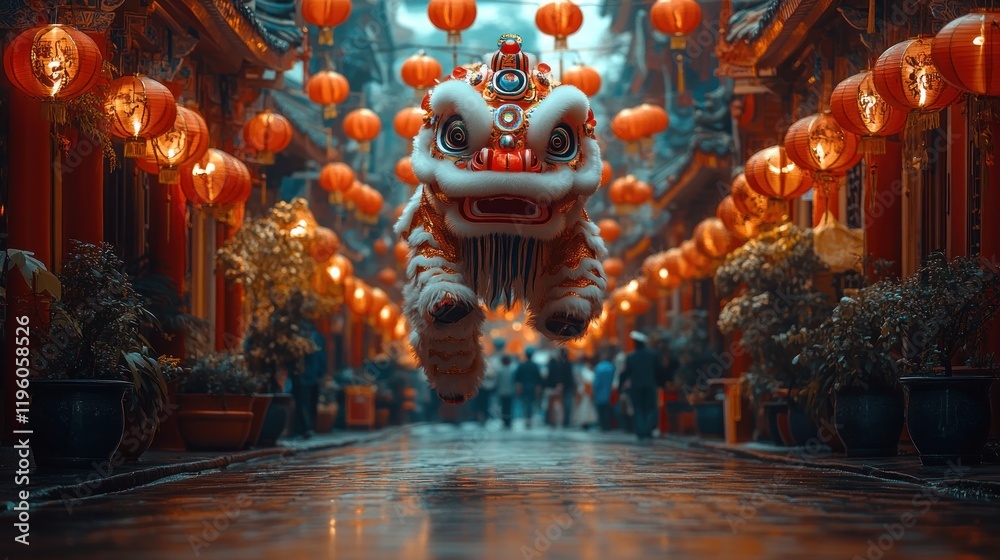 Fototapeta premium Leaping Lion Dance, Lantern Festival Street, China