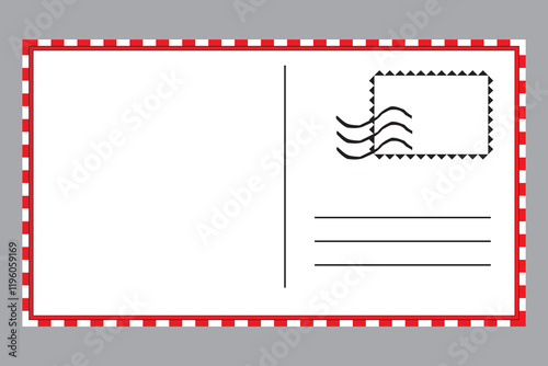 Postcard vector icon. Airmail border detail. Black postal stamp. White background shape.