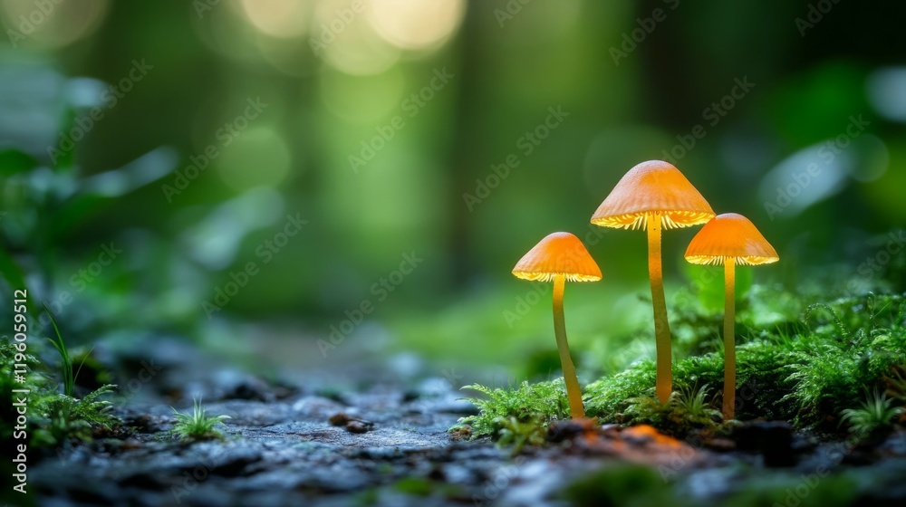 Fototapeta premium Three glowing mushrooms emerge from the forest floor, casting a magical ambiance.