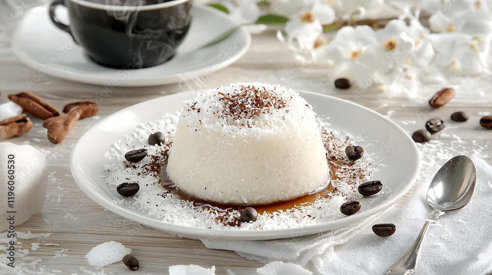 Coconut dessert, coffee, garnish, table, morning, breakfast, food photography, studio, white background, recipe Coconut dessert, coffee, garnish, table, morning, breakfast, food photography, studio, white background, recipe