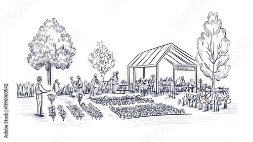 Community garden with people tending plants and gathering under a pavilion.