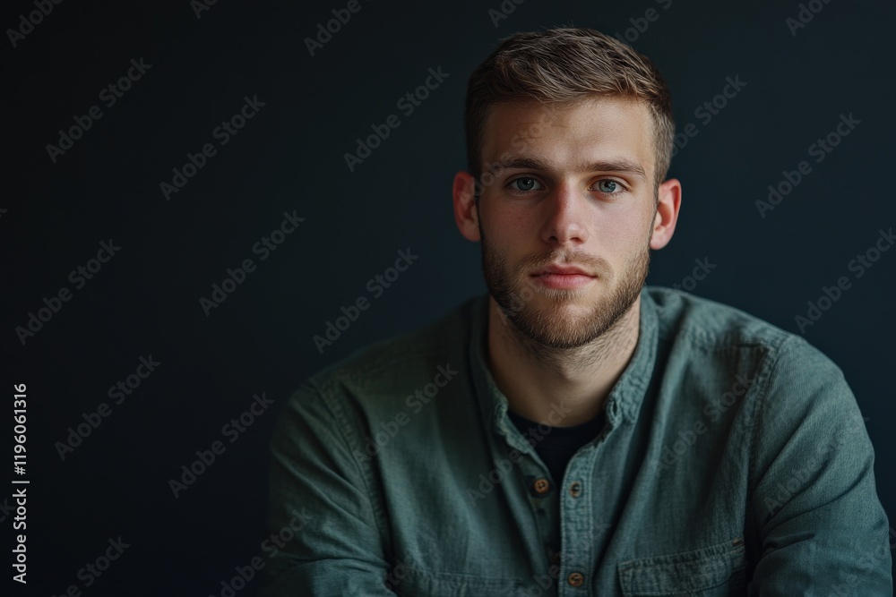 Portrait of a Young Man with a Thoughtful Expression Against a Dark Background Portrait of a Young Man with a Thoughtful Expression Against a Dark Background