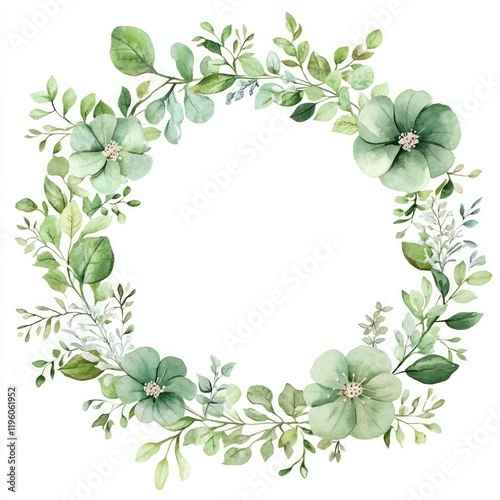 Fototapeta Naklejka Na Ścianę i Meble -  Summer color tone green flowers circle frame wreath art illustration.