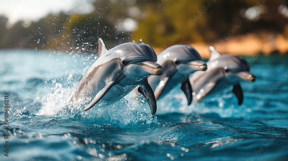 Fototapeta premium A playful pod of dolphins leaping out of the water in a clear blue ocean,