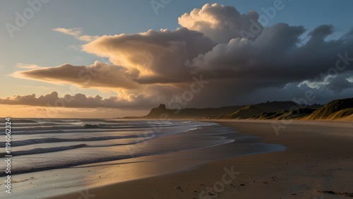 New Zealand, Tongaporutu, Cloudy sky over sandy coastal beach at sunset with Motuotamatea island in background Generative AI photo