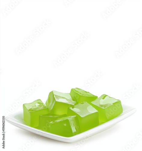 Colorful green lime jello snack squares on a white plate platter isolated on a white background. 
