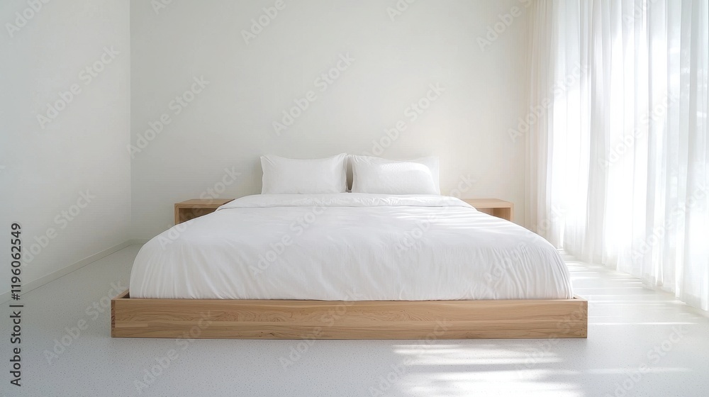 Obraz premium Modern Minimalist Bedroom Design with a Natural Wood Bed Frame and Crisp White Bedding, Bright Sunlight Streaming Through Sheer Curtains, Ideal for Serenity and Comfort