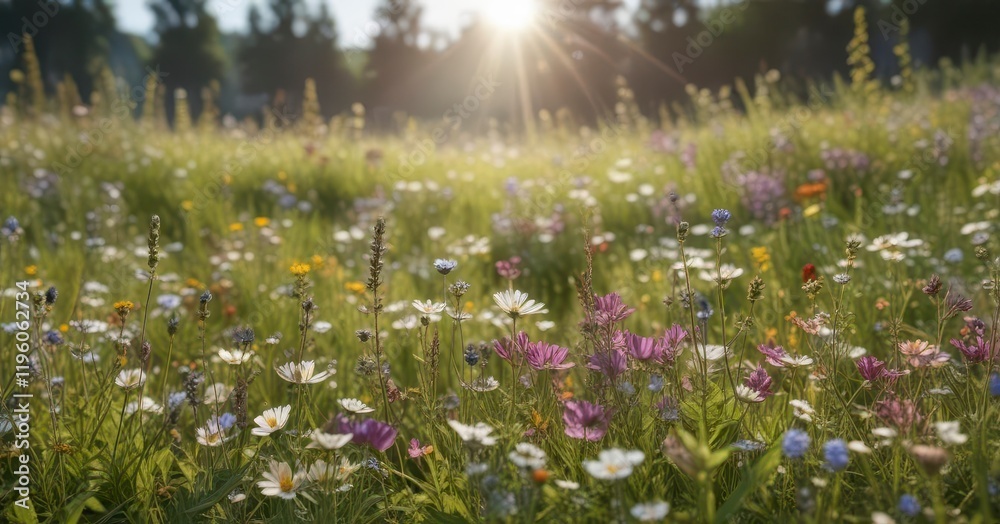 Obraz premium Blooming wildflowers in a meadow with gentle breeze, wildflowers, countryside, garden