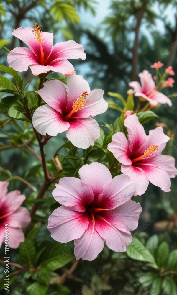 Close-up of exotic flowers like hibiscus or plumeria on a stem in a lush garden, jungle garden, tropical flower, bloom Close-up of exotic flowers like hibiscus or plumeria on a stem in a lush garden, jungle garden, tropical flower, bloom