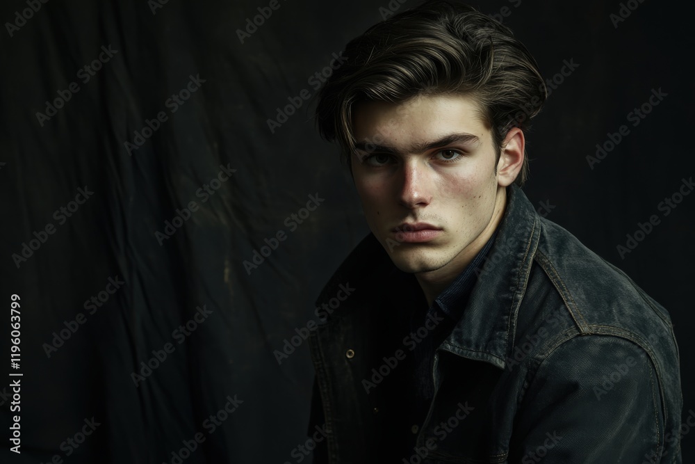 Fototapeta premium Moody Portrait of a Young Man in a Denim Jacket Against a Dark Background