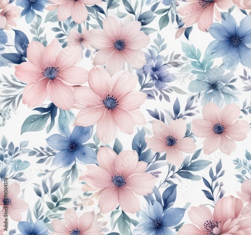 Wallpaper Mural Delicate watercolor floral pattern with soft pink and blue hues on a white background ,  delicate,  flowers,  watercolor Torontodigital.ca