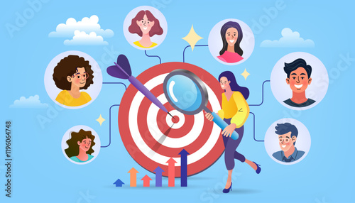 Target customers. Marketing and advertisement, promotion of social networks and messengers. Electronic commerce. audience outreach and sales generation. social media.  vector illustration.