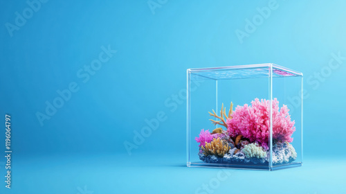 Fototapeta Naklejka Na Ścianę i Meble -  Vibrant coral reef in clear box, showcasing eco awareness and marine beauty
