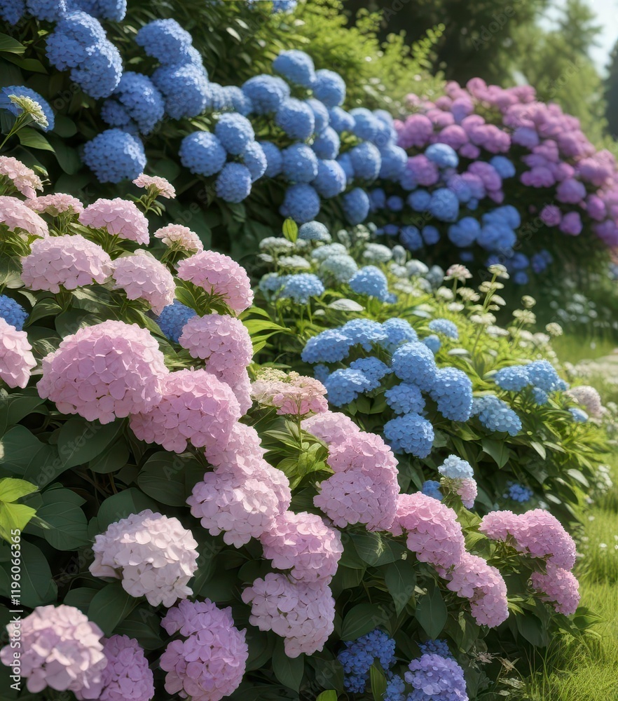 Garden hydrangeas and wildflowers in full bloom,  foliage,  blossoms,  garden flowers